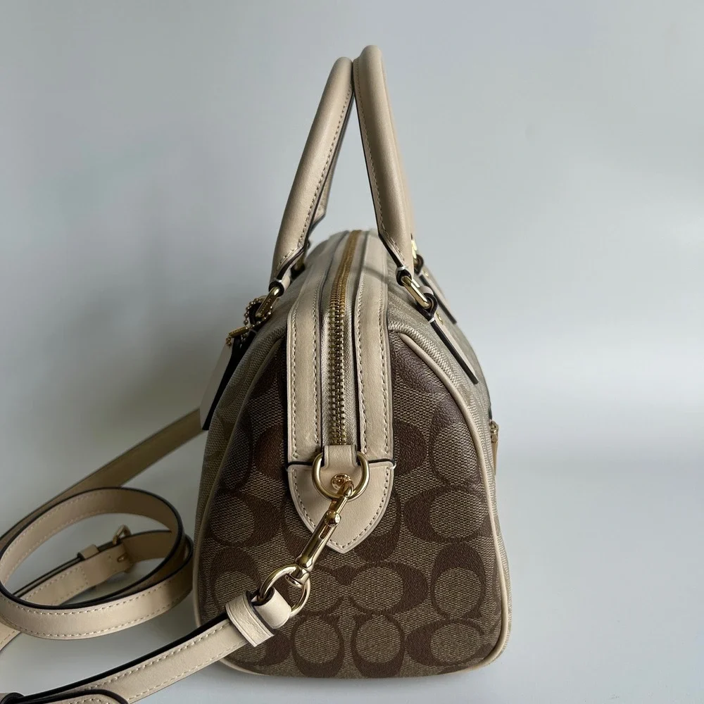 Coach Rowan Satchel Khaki Chalk Signature Canvas Leather Bag Excellent‎
